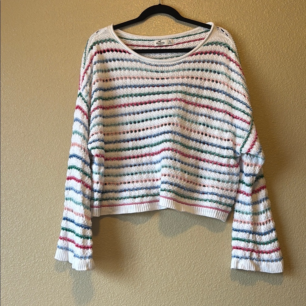 Hollister White and Pink Crew Neck Sweater
